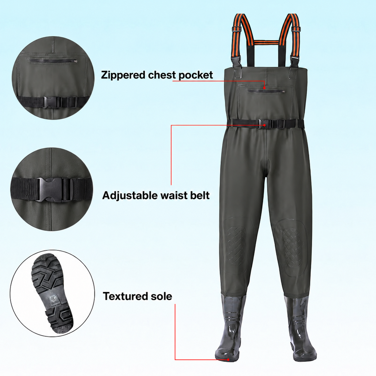 Green bootfoot chest waders with zippered chest pocket, adjustable waist belt and textured sole; the circular belt detail matches the waist belt. AI-edited supplier infographic.