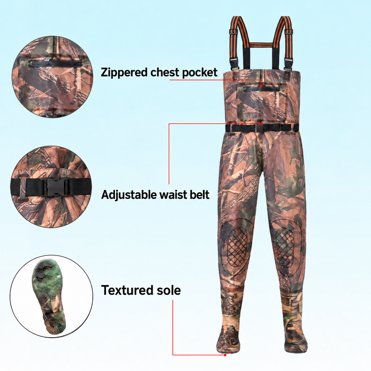 Leaf-camouflage bootfoot chest waders with zippered chest pocket, adjustable waist belt and textured sole; the circular belt detail matches the waist belt. AI-edited supplier infographic.