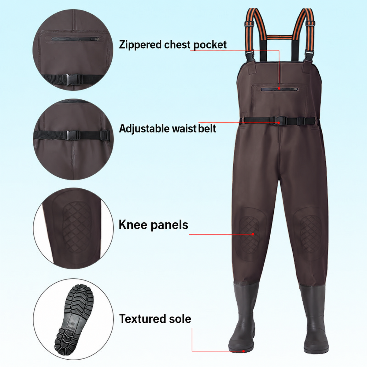 Style-specific chest-high waders, supplier style 23; AI-edited English localization preserving the matching original garment and details.