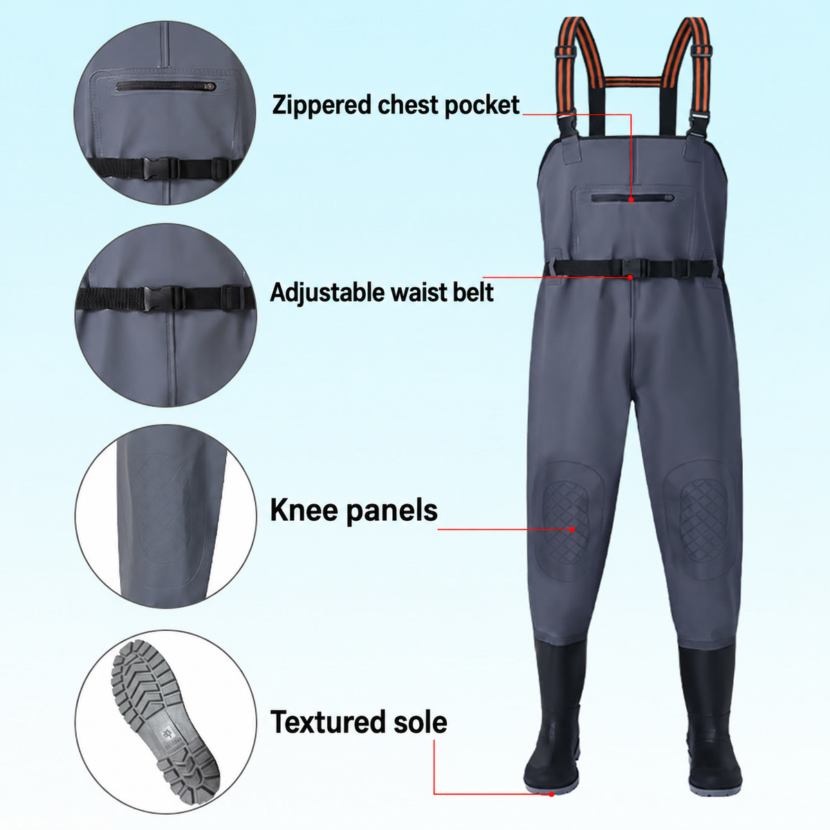 Style-specific chest-high waders, supplier style 24; AI-edited English localization preserving the matching original garment and details.
