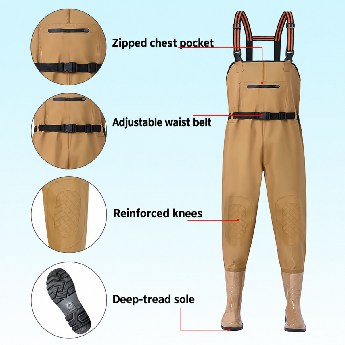 Style-specific chest waders, original supplier style 25; AI-edited English localization preserving the matching garment and details.