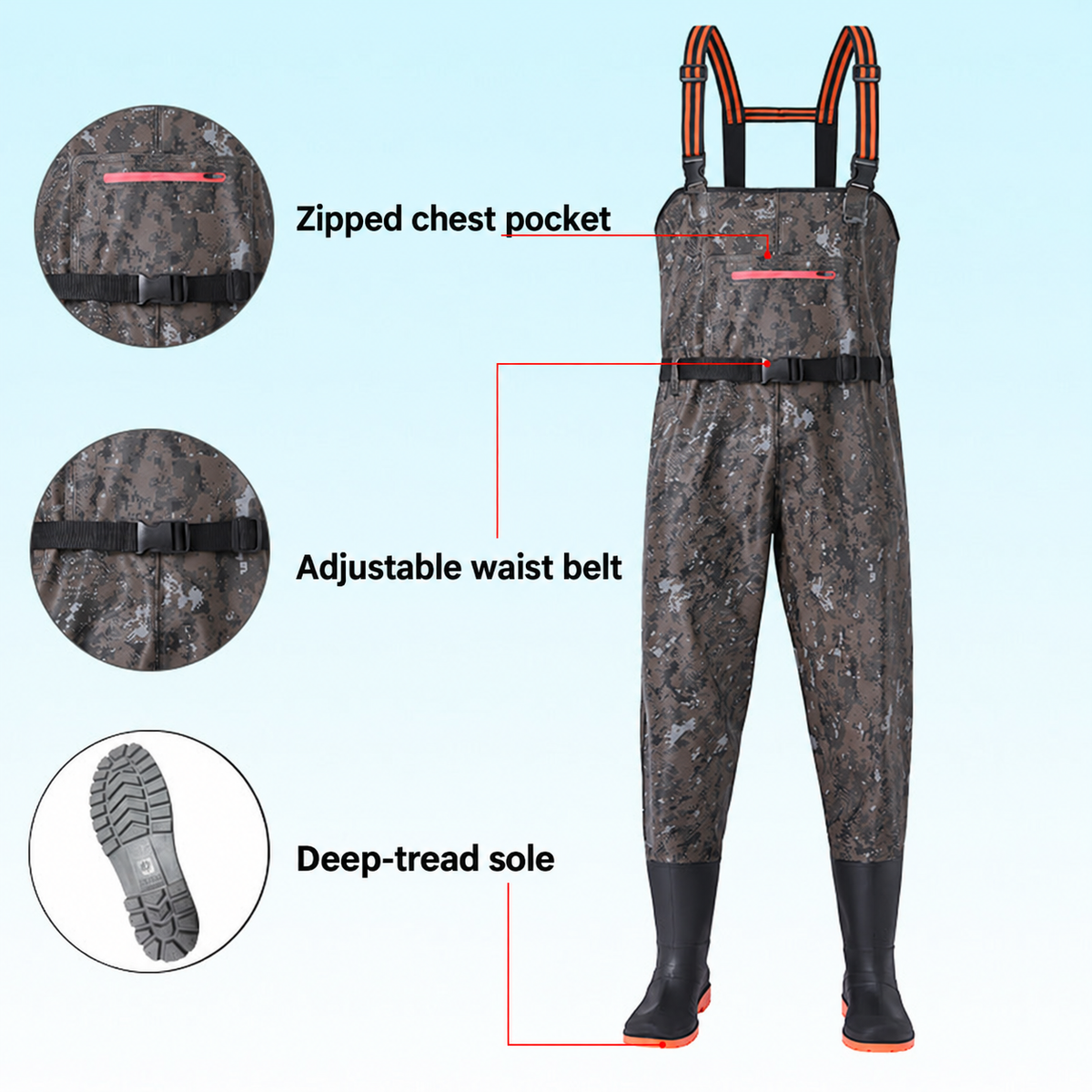 Style-specific chest waders, original supplier style 26; AI-edited English localization preserving the matching garment and details.