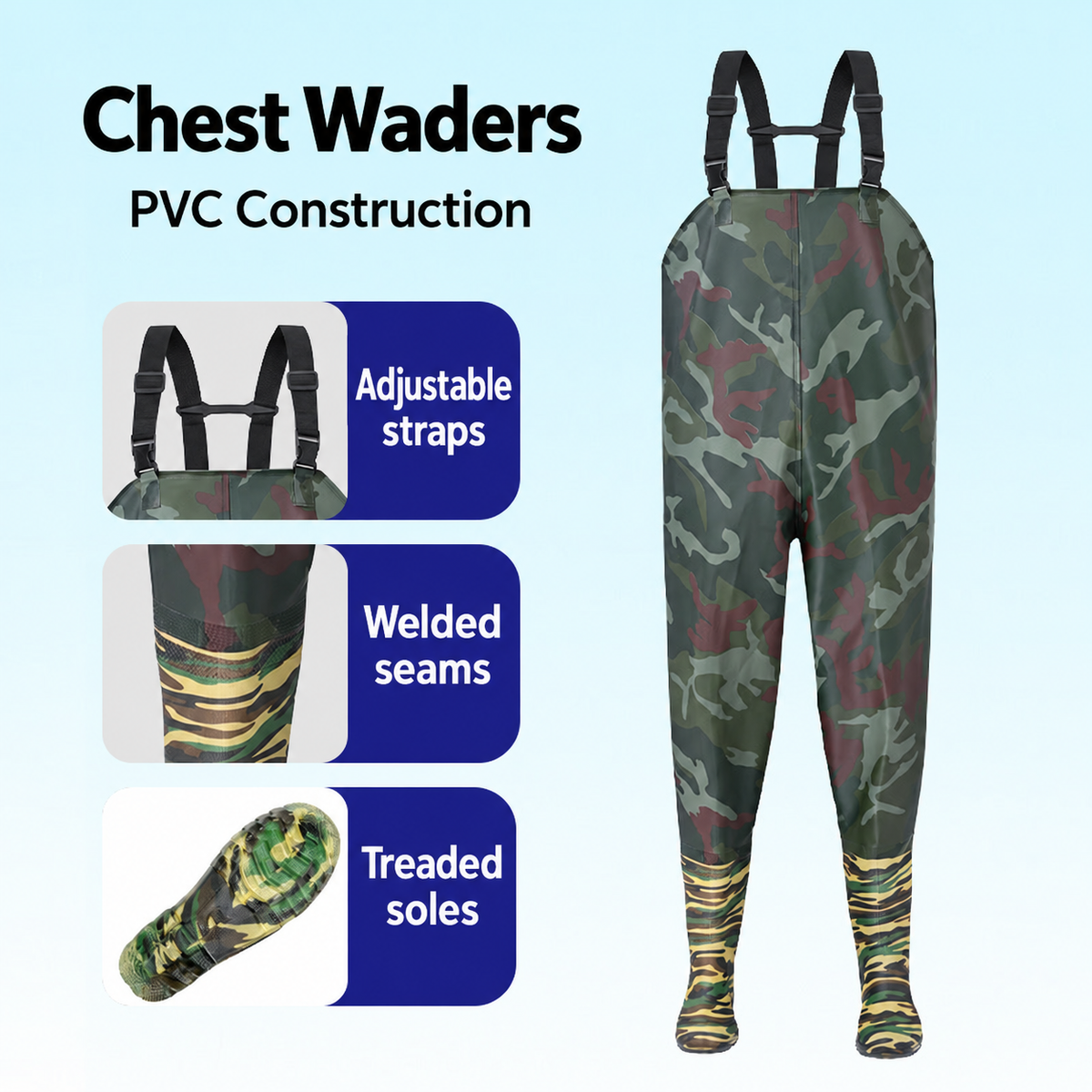 Style-specific camouflage chest waders, supplier style 32; AI-edited English localization of matching original garment.