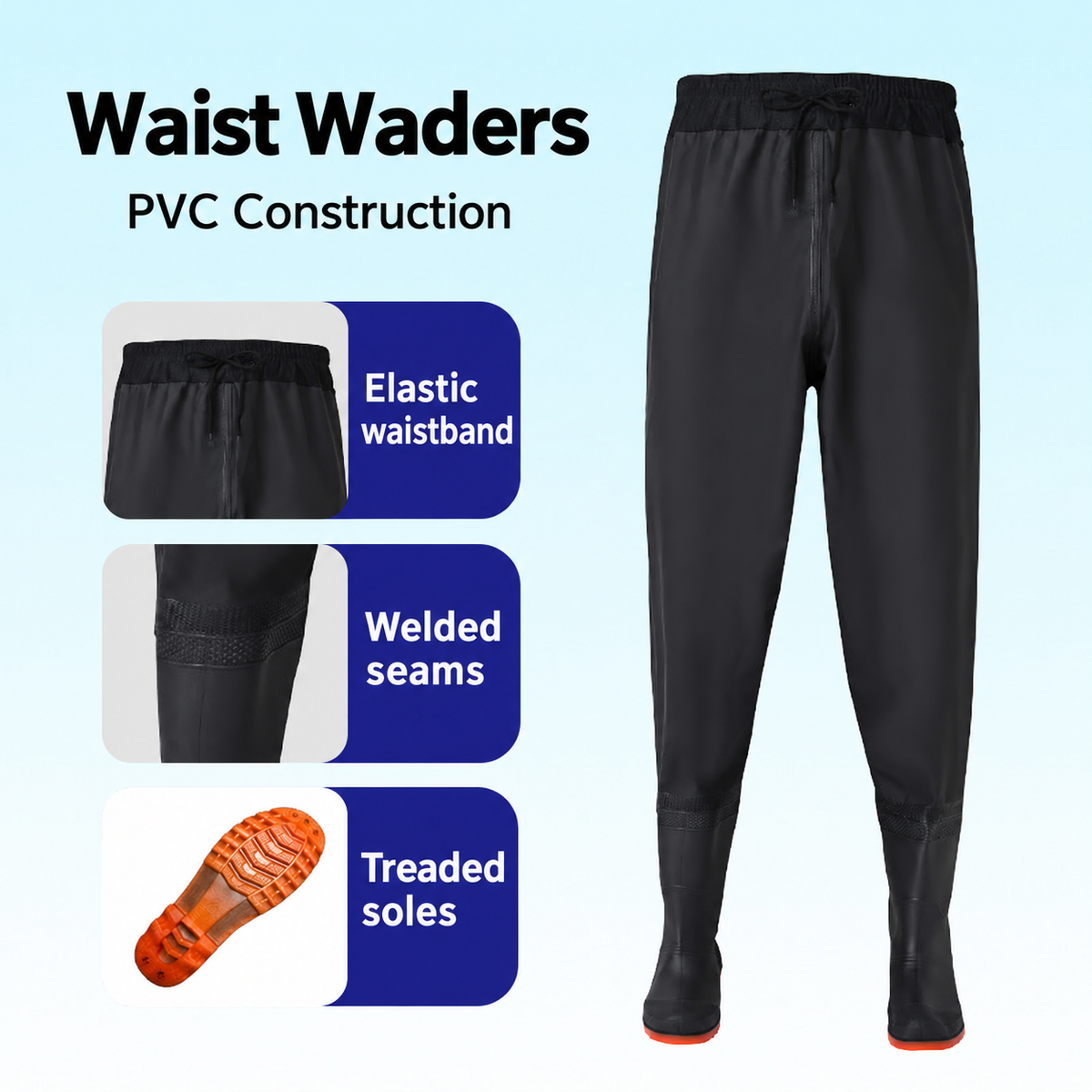 Style-specific waist-high waders, supplier style 33; AI-edited English localization of matching original garment.