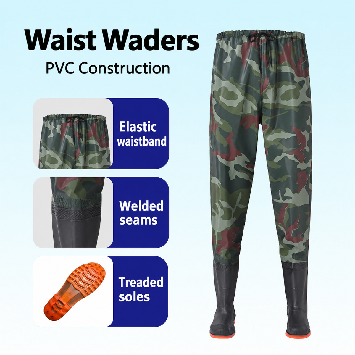 Style-specific waist-high waders, supplier style 34; AI-edited English localization of matching original garment.