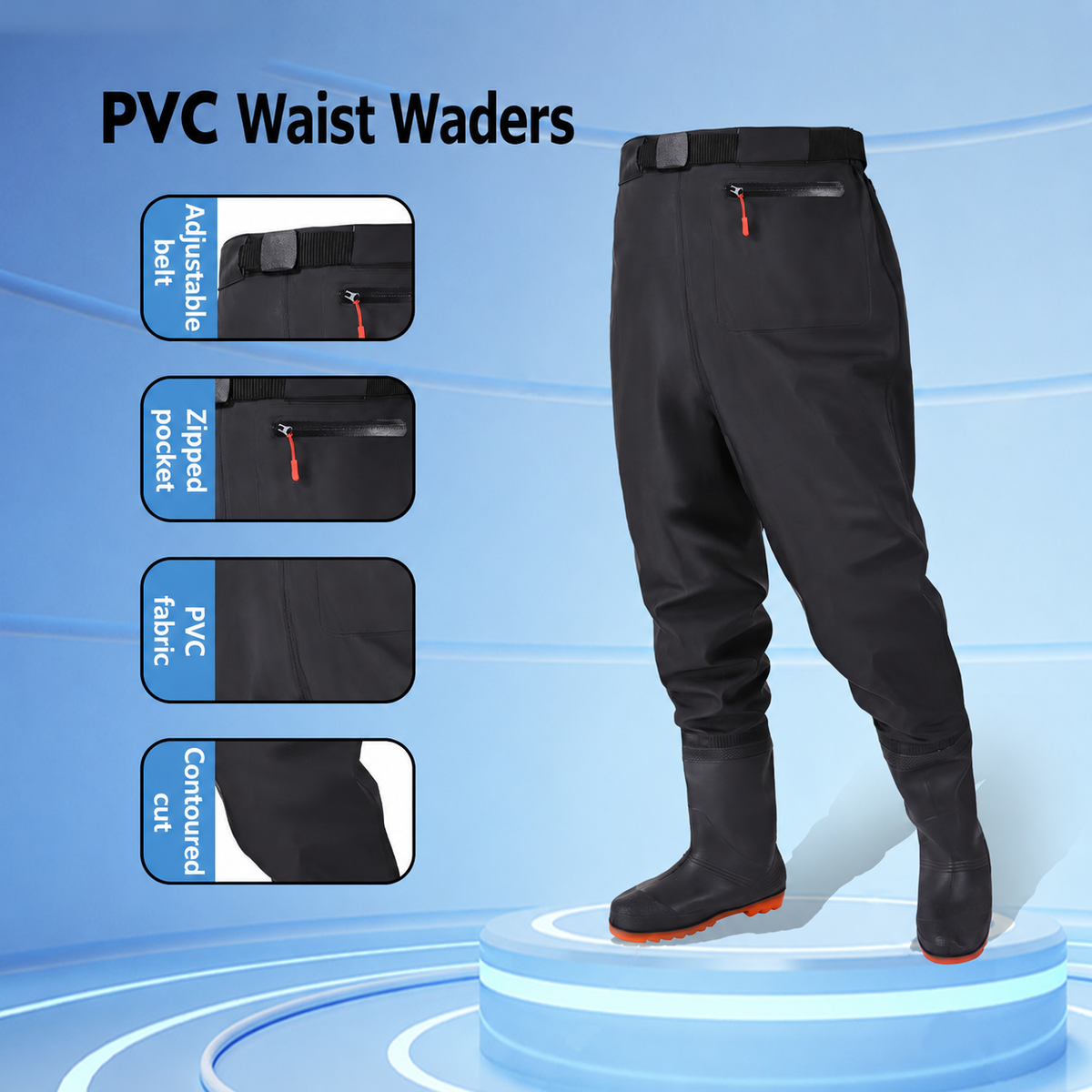 Style-specific waist-high waders, supplier style 35; AI-edited English localization preserving the matching original garment and details.