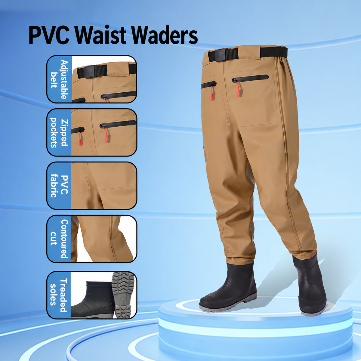 Style-specific waist-high waders, supplier style 36; AI-edited English localization preserving the matching original garment and details.