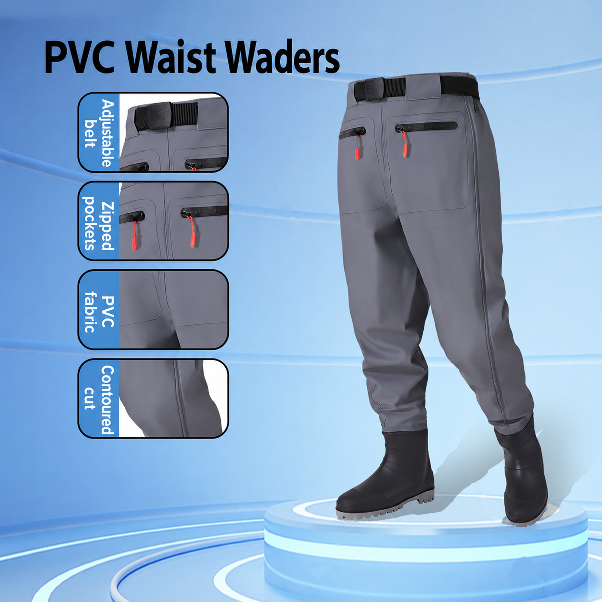 Smoke gray waist-high waders with double zip pockets and belt; AI-edited English localization of this exact supplier style.