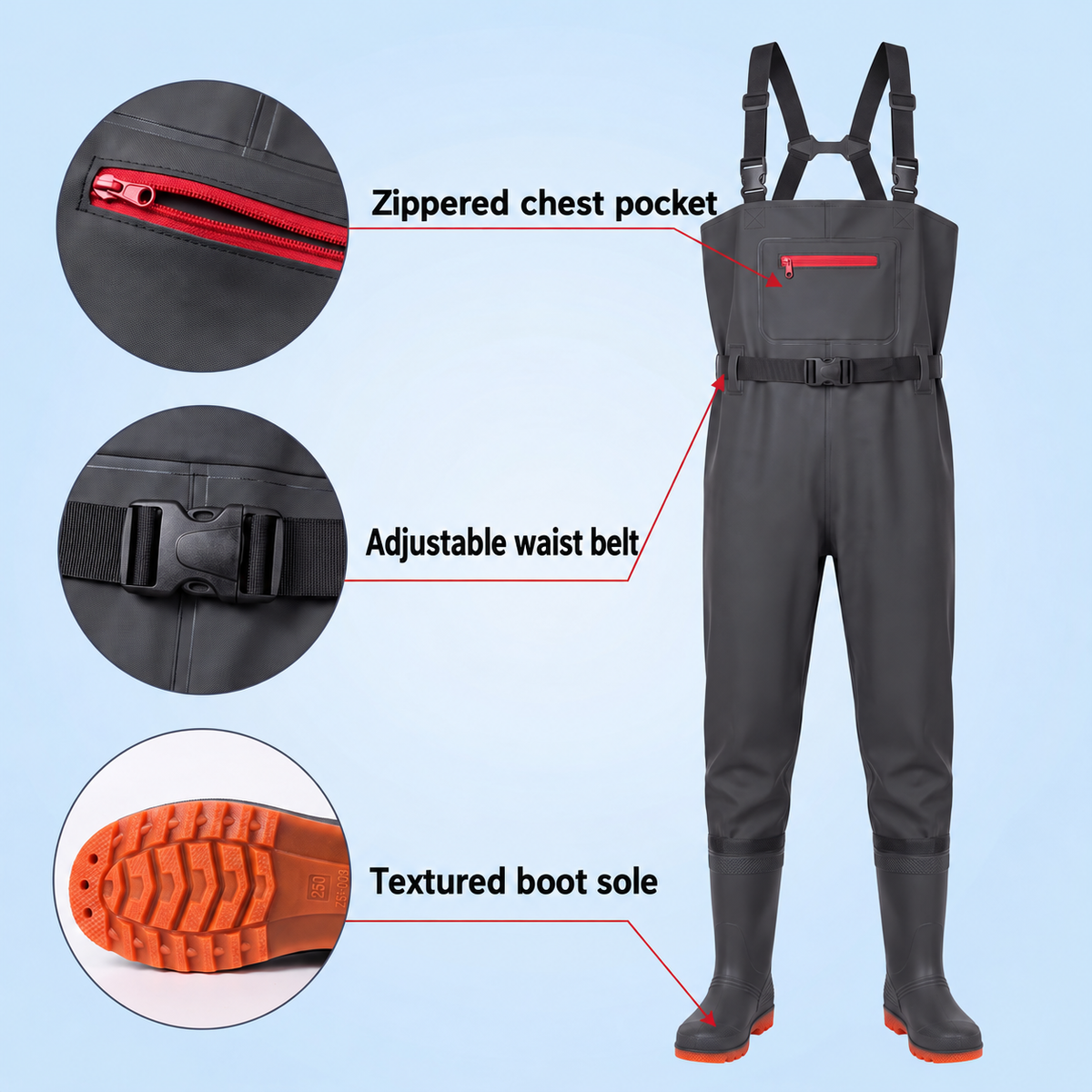 Style-specific supplier image 7: Chest waders with zipped chest pocket and waist belt; AI-edited English localization of the matching original image.