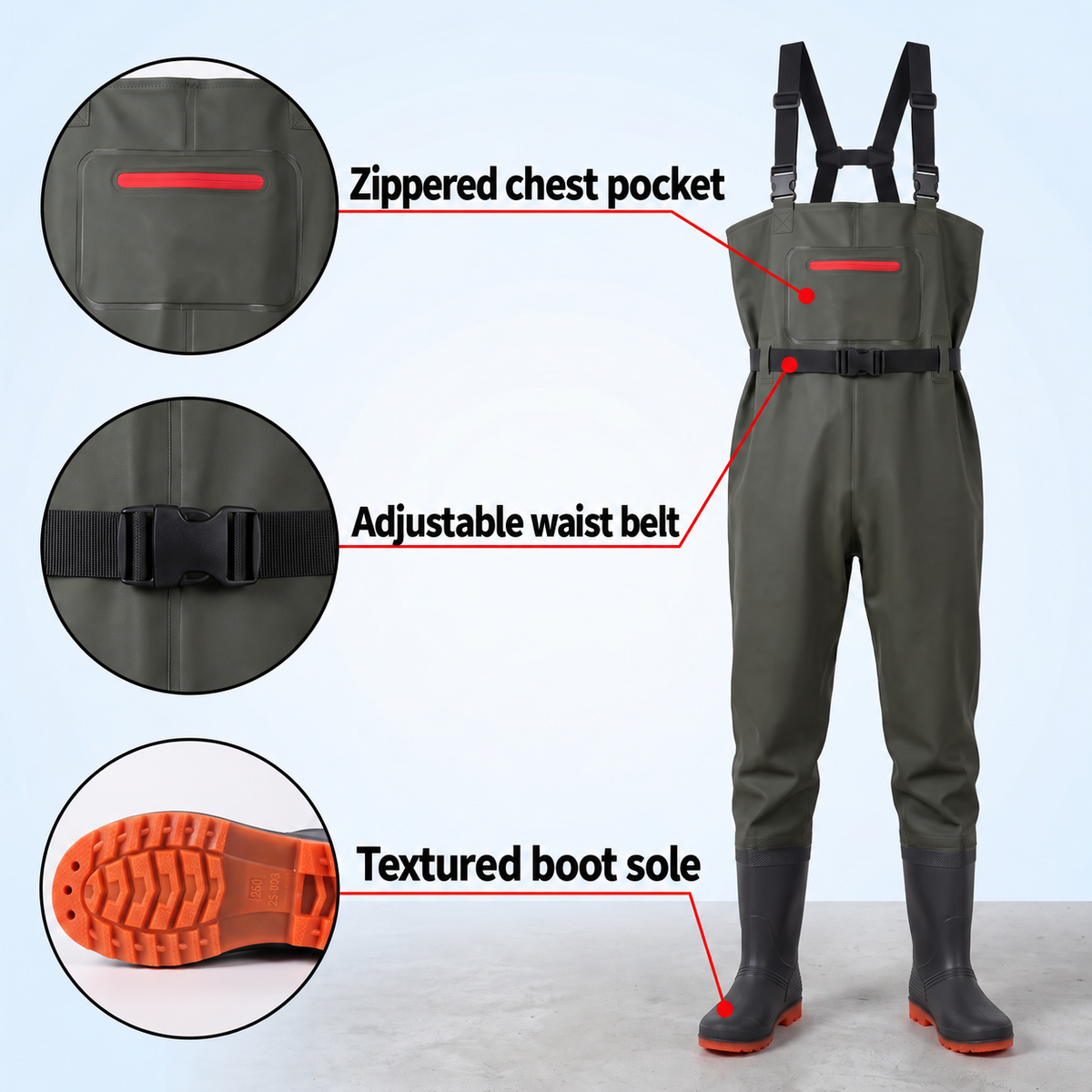Style-specific supplier image 8: Chest waders with zipped chest pocket and waist belt; AI-edited English localization of the matching original image.