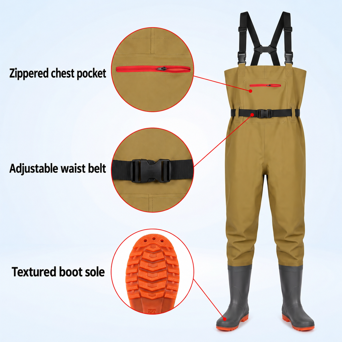Style-specific supplier image 9: Chest waders with zipped chest pocket and waist belt; AI-edited English localization of the matching original image.