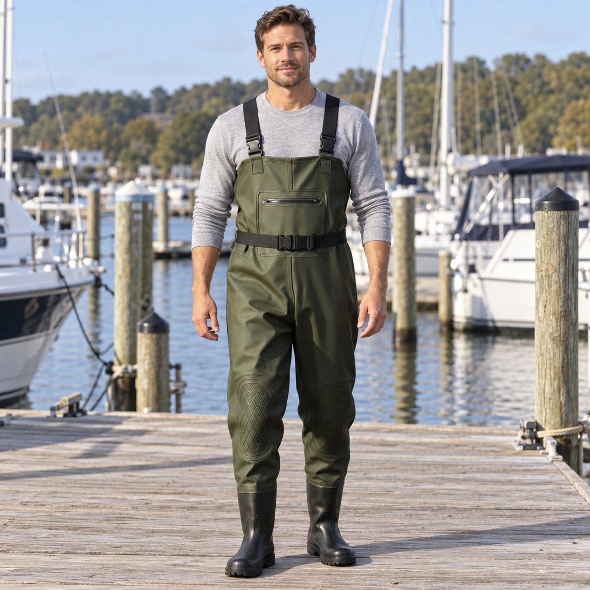 Green - Double Knee Panels shown in an AI-simulated marina image.