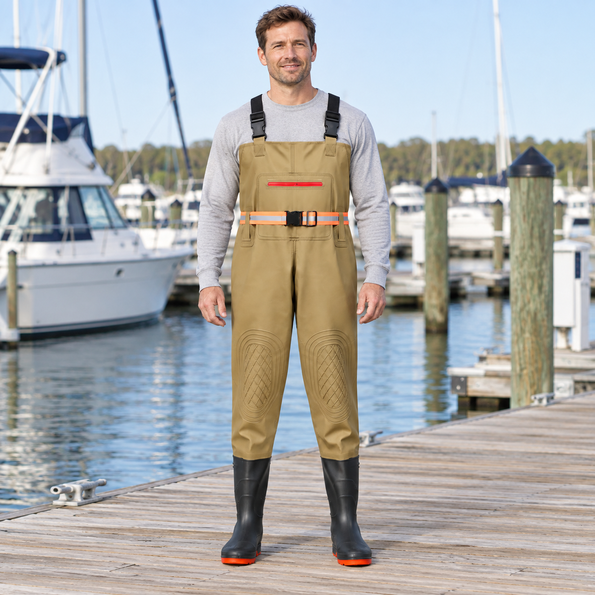 Khaki - Knee-Panel Bib shown in an AI-simulated marina image.