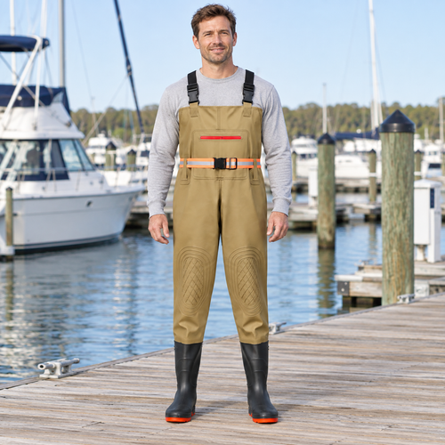 Khaki - Knee-Panel Bib shown in an AI-simulated marina image.