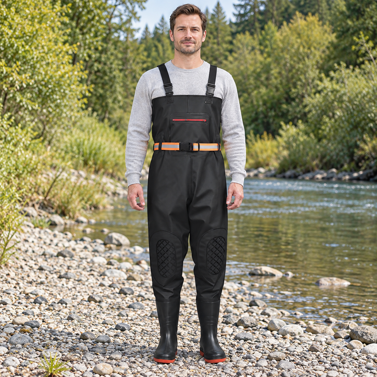 Black knee-panel chest waders shown in an AI-simulated riverbank image.