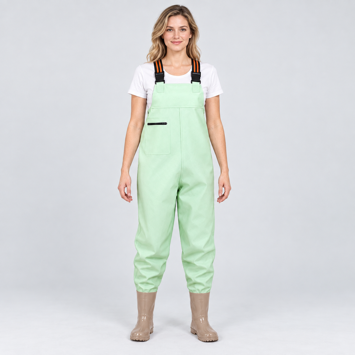 AI-generated model styling: Women's - Green bootfoot chest waders; studio; actual style reference preserved.