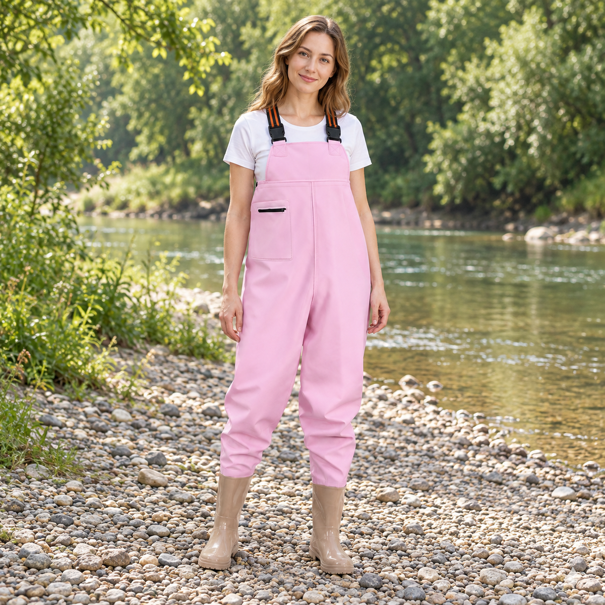 AI-generated model styling: Women's - Pink bootfoot chest waders; riverside; actual style reference preserved.