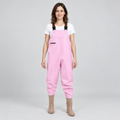 AI-generated model styling: Women's - Pink bootfoot chest waders; studio; actual style reference preserved.