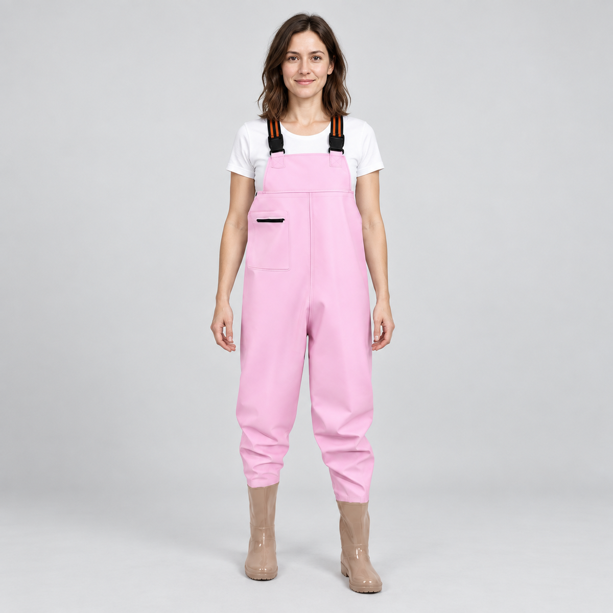 AI-generated model styling: Women's - Pink bootfoot chest waders; studio; actual style reference preserved.