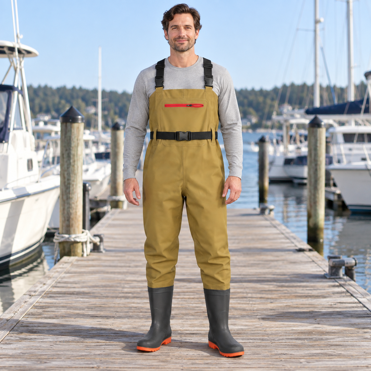 26D - Khaki - Pocket & Belt shown in an AI-simulated marina image.
