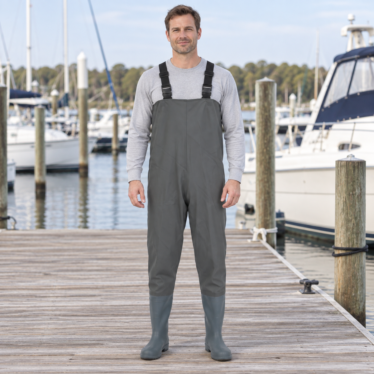High-chest bootfoot waders in an AI-simulated marina styling image.