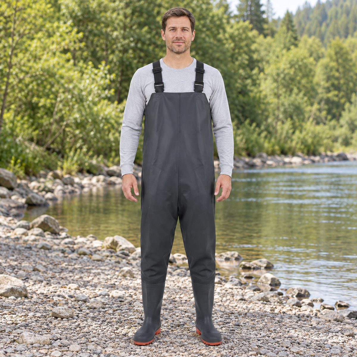 High-chest bootfoot waders in an AI-simulated riverbank styling image.