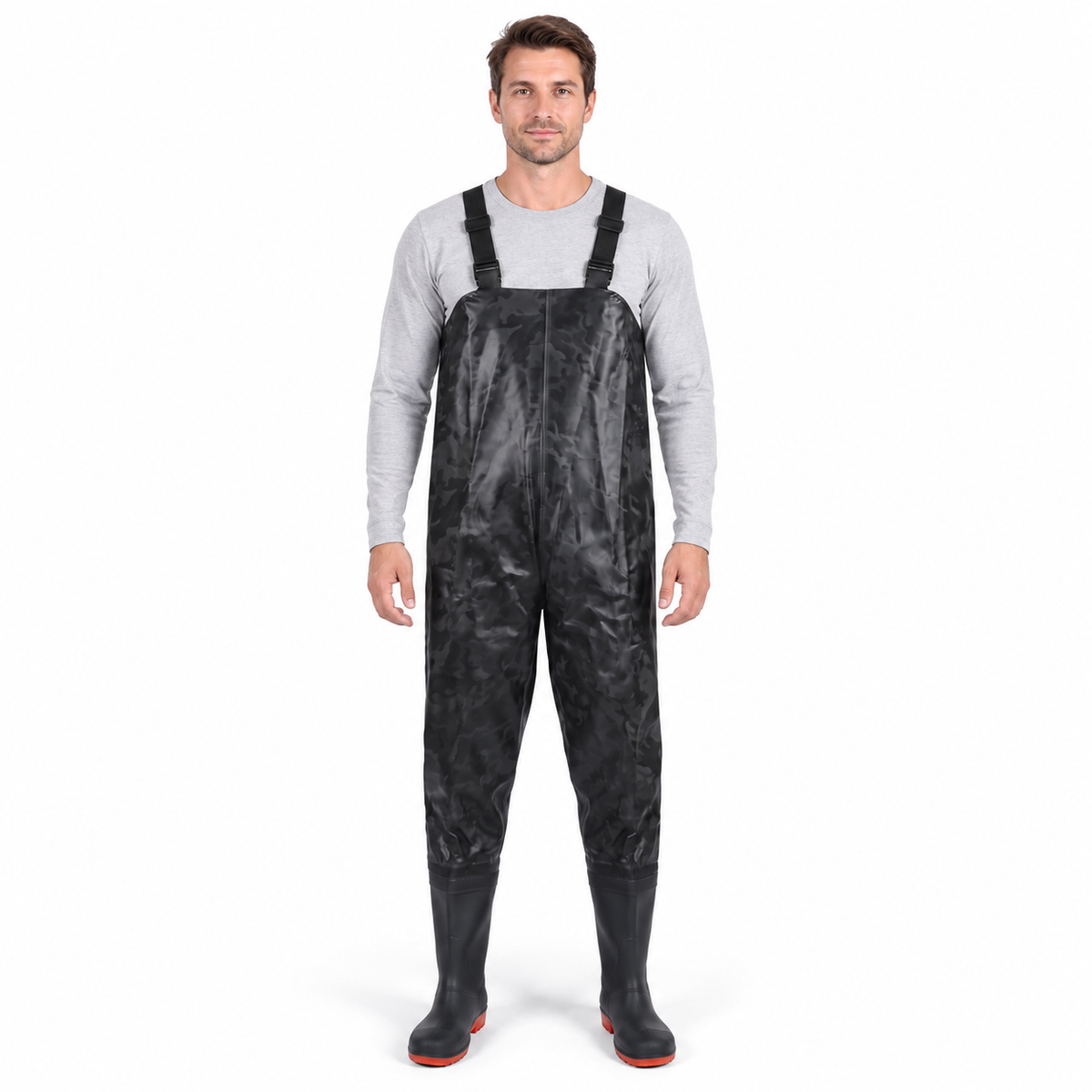 High-chest bootfoot waders in an AI-simulated studio styling image.