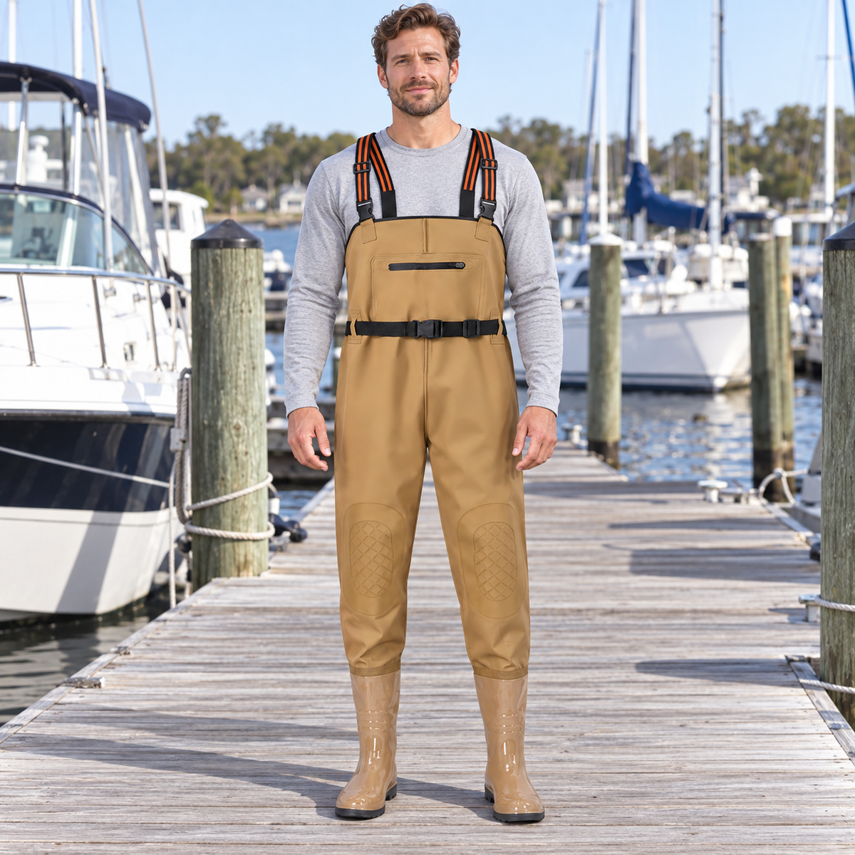 Khaki - Zip-Pocket Knee-Panel Bib in an AI-simulated marina dock styling scene.