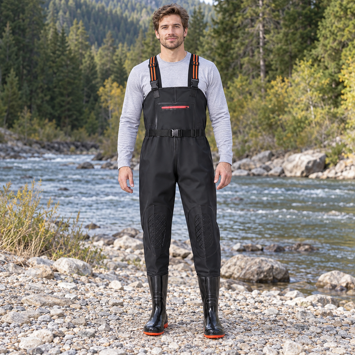 Black - Zip-Pocket Knee-Panel Bib in an AI-simulated riverbank styling scene.