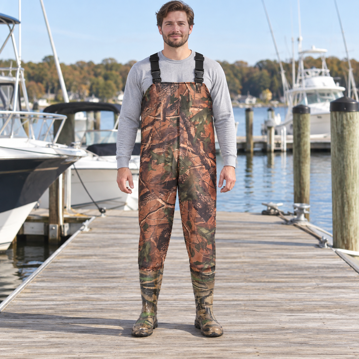 Forest Camo - Thick Bib in an AI-simulated marina dock styling scene.
