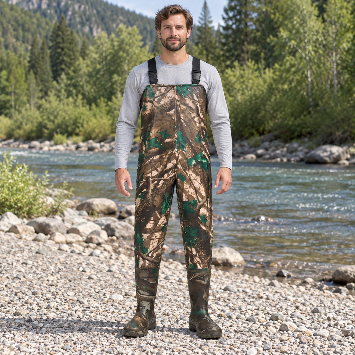 Woodland Camo - Thick Bib in an AI-simulated riverbank styling scene.