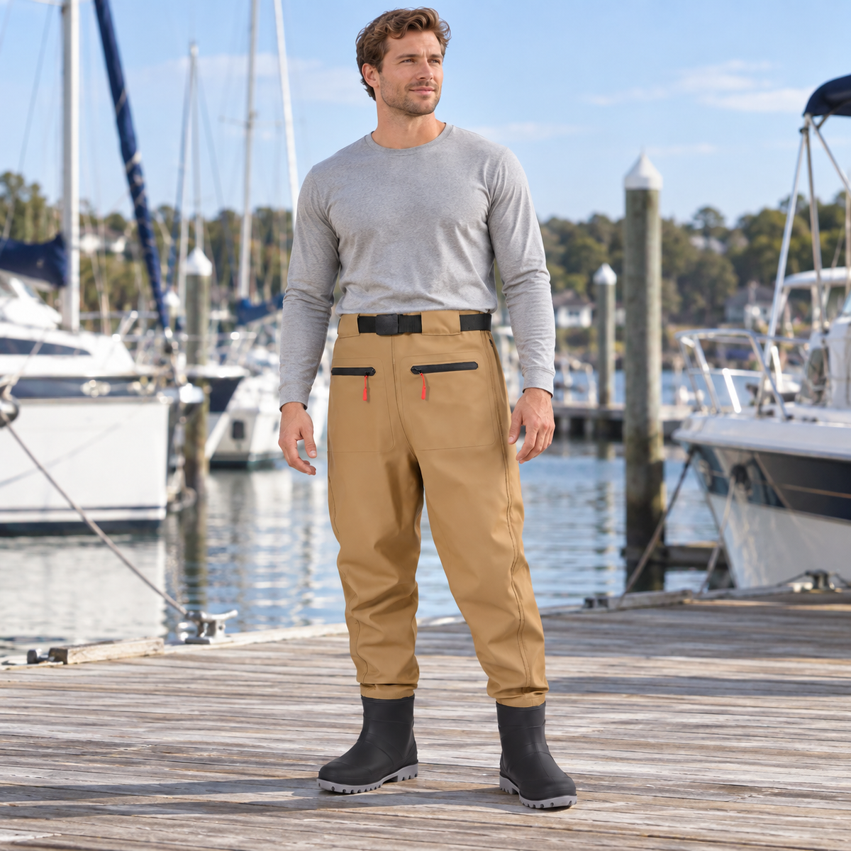 3D - Khaki PVC - Double-Pocket Waist in an AI-simulated marina dock styling scene.