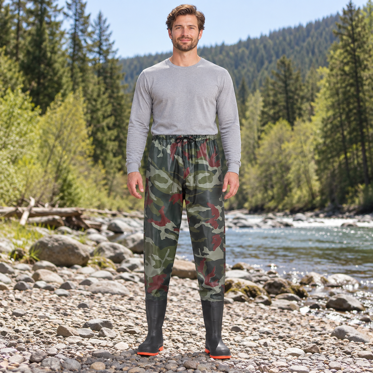 Land Camo - Waist-High in an AI-simulated riverbank styling scene.
