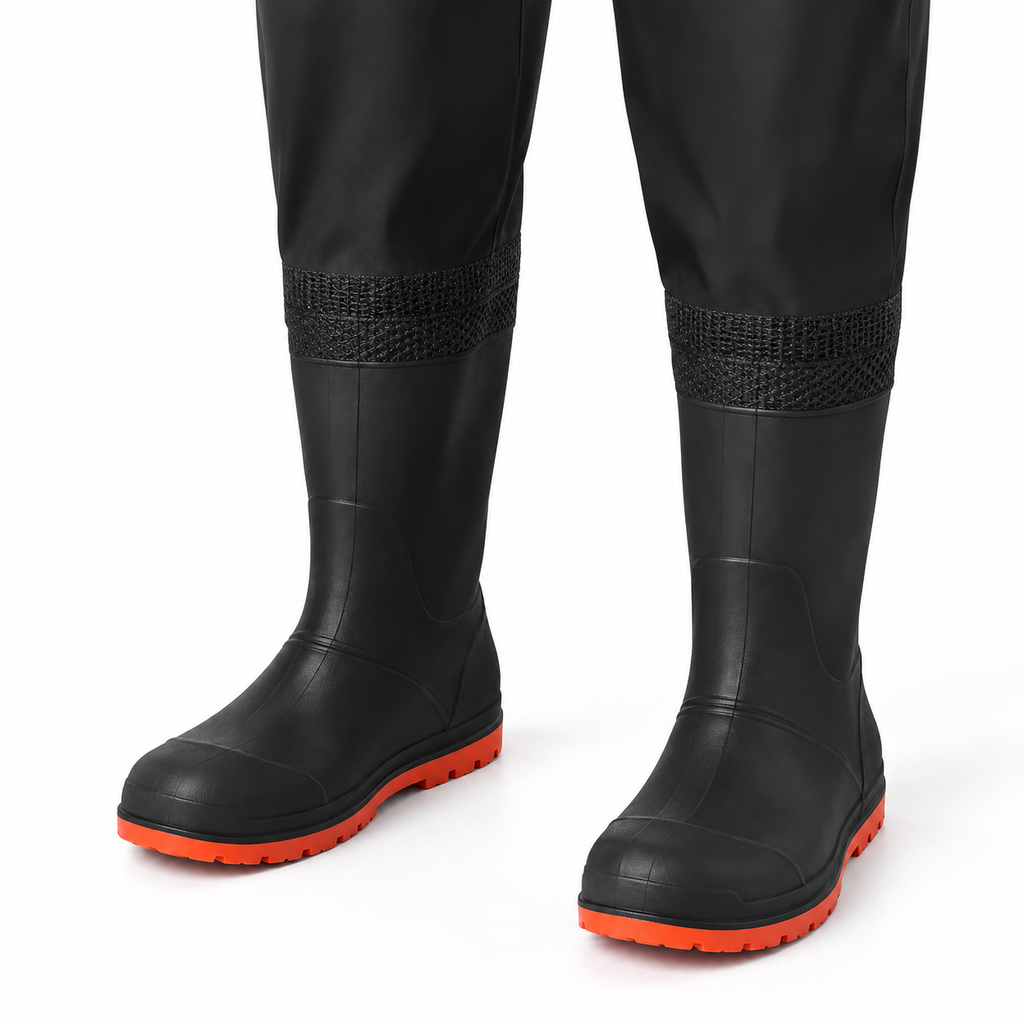 Black attached boots with orange-red outsole edges, AI-assisted close-up.