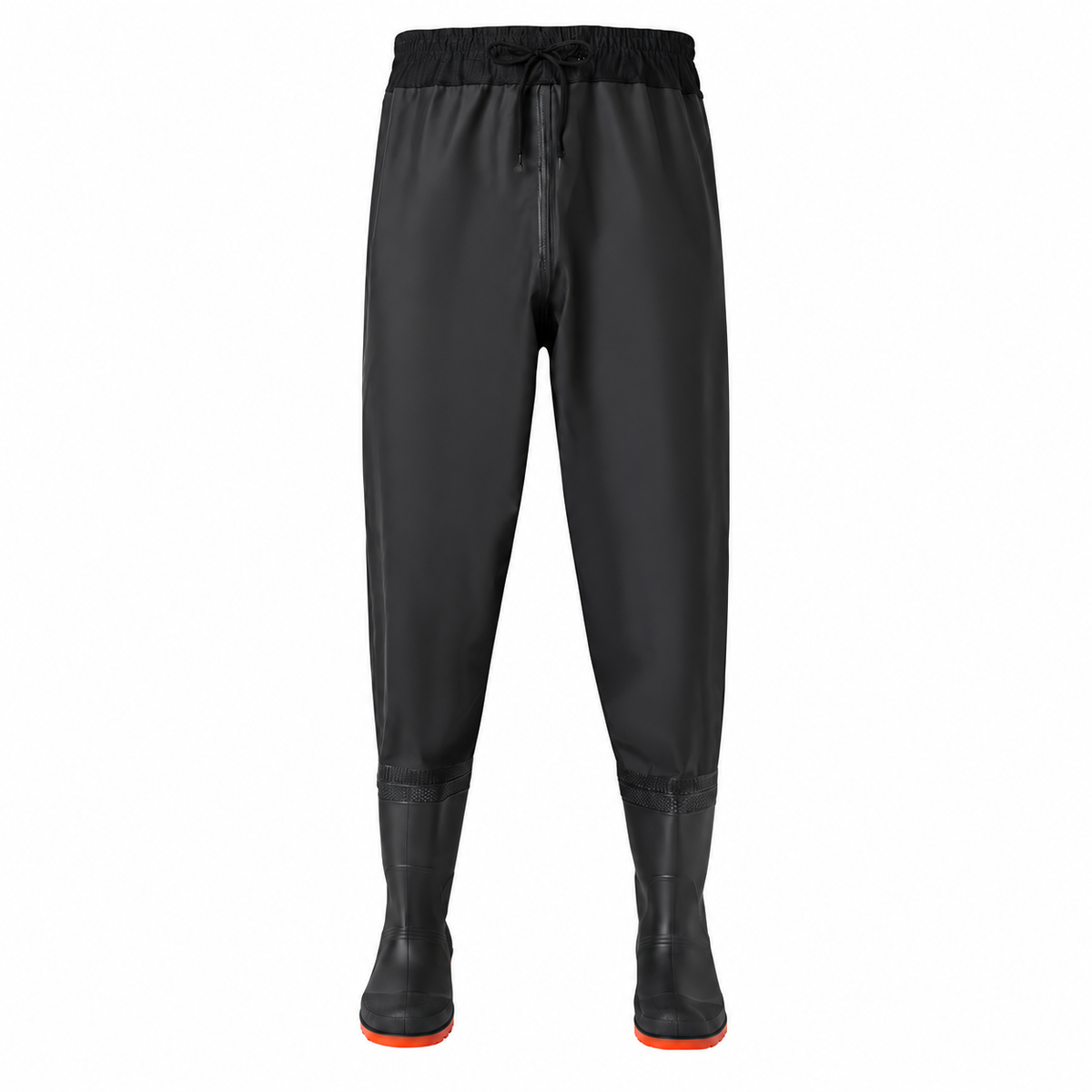 Black waist-high bootfoot waders on white, AI-assisted product view.
