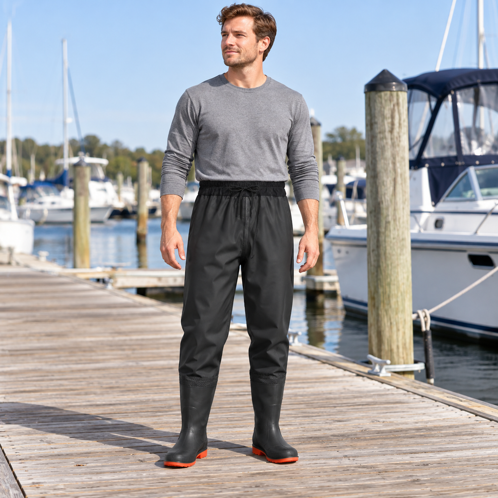Black waist-high bootfoot waders in a simulated marina dock styling scene.