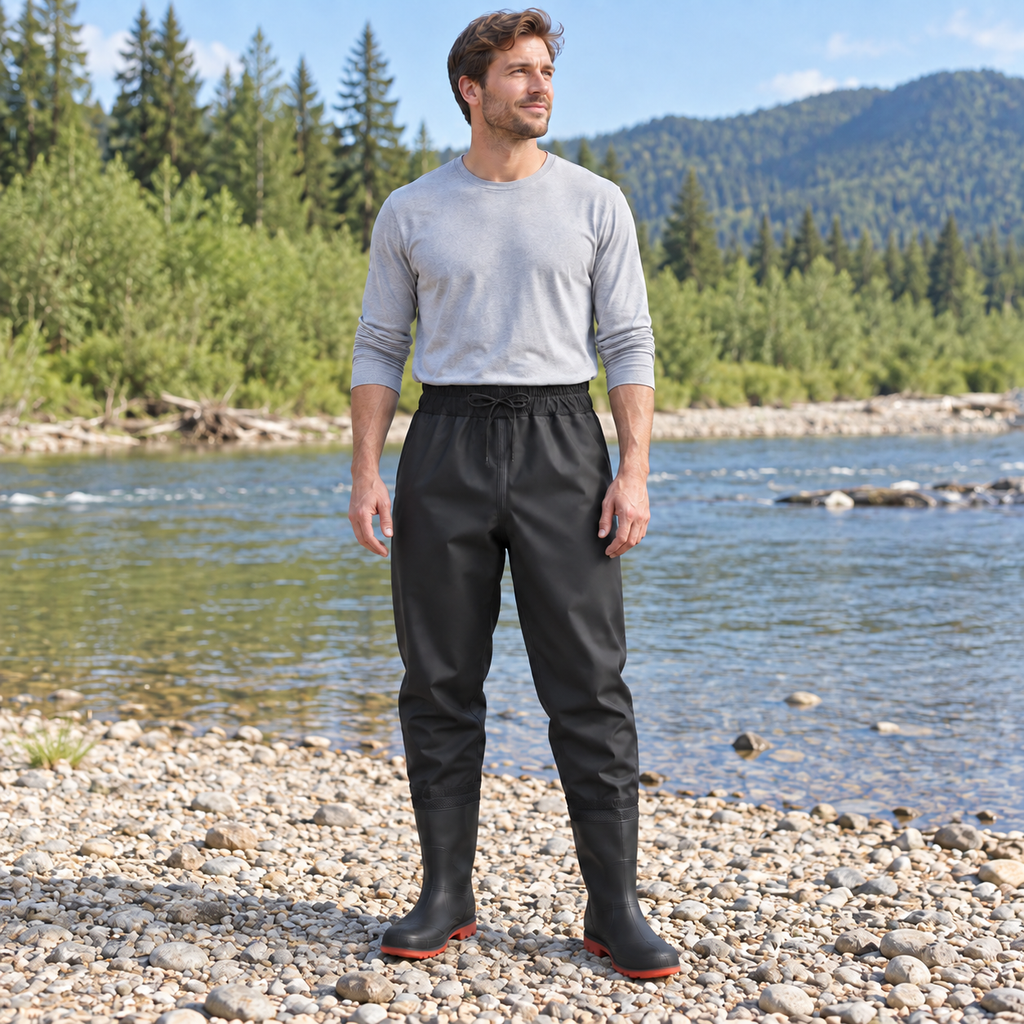 Black waist-high bootfoot waders in a simulated riverbank styling scene.