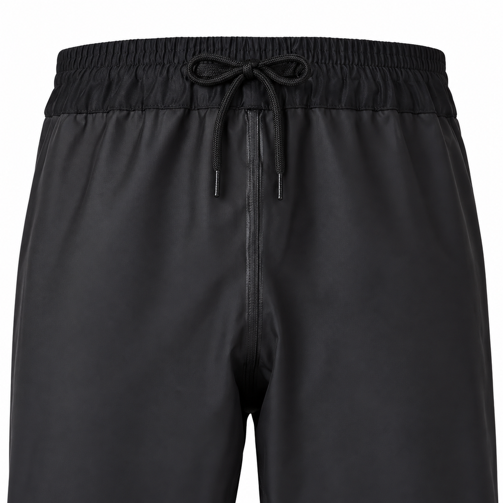 Black elastic drawstring waist detail, AI-assisted close-up.