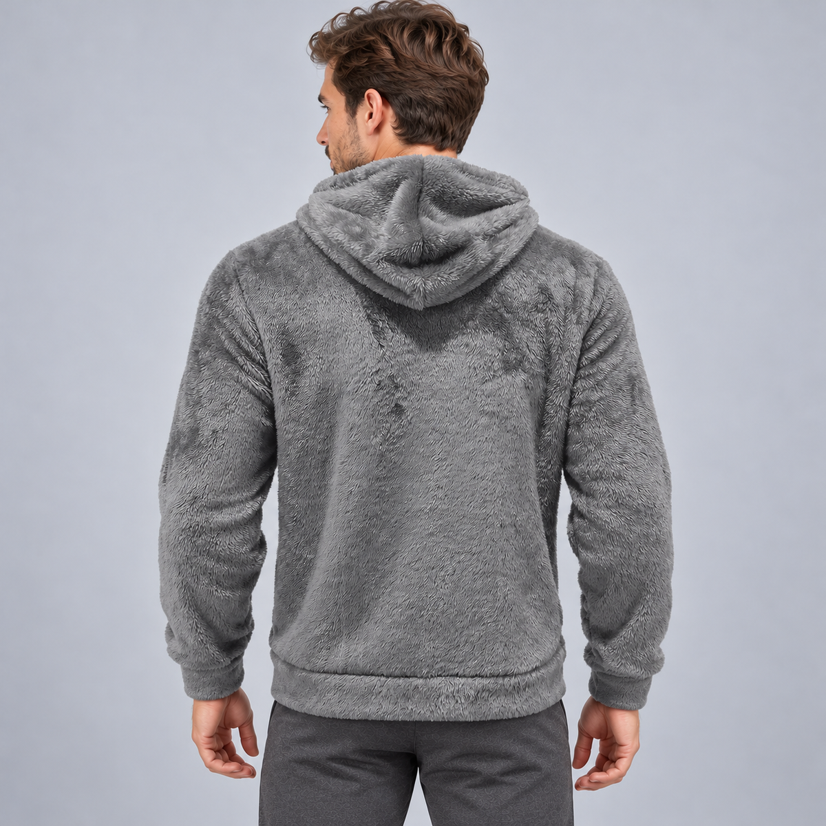 Gray textured fleece zip-up hoodie rear view on an adult male model; AI-styled image based on the original rear garment photograph.