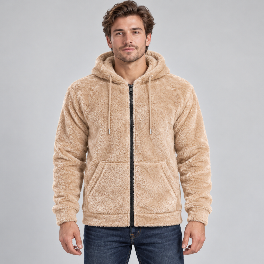 Khaki fleece zip-up hoodie worn by an adult male model; AI-styled image using the confirmed garment construction and fleece photo references.