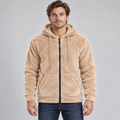 Khaki fleece zip-up hoodie worn by an adult male model; AI-styled image using the confirmed garment construction and fleece photo references.