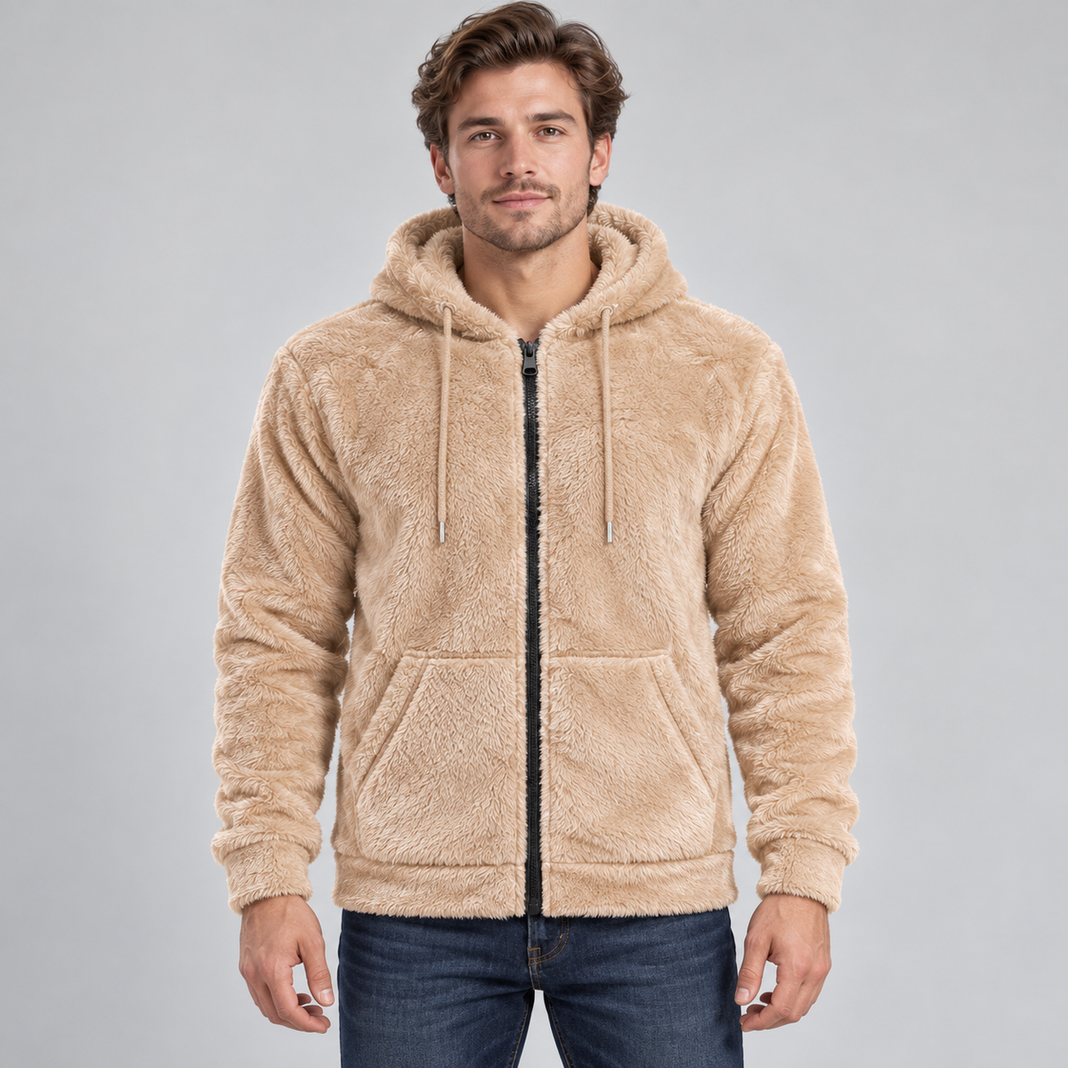Khaki fleece zip-up hoodie worn by an adult male model; AI-styled image using the confirmed garment construction and fleece photo references.
