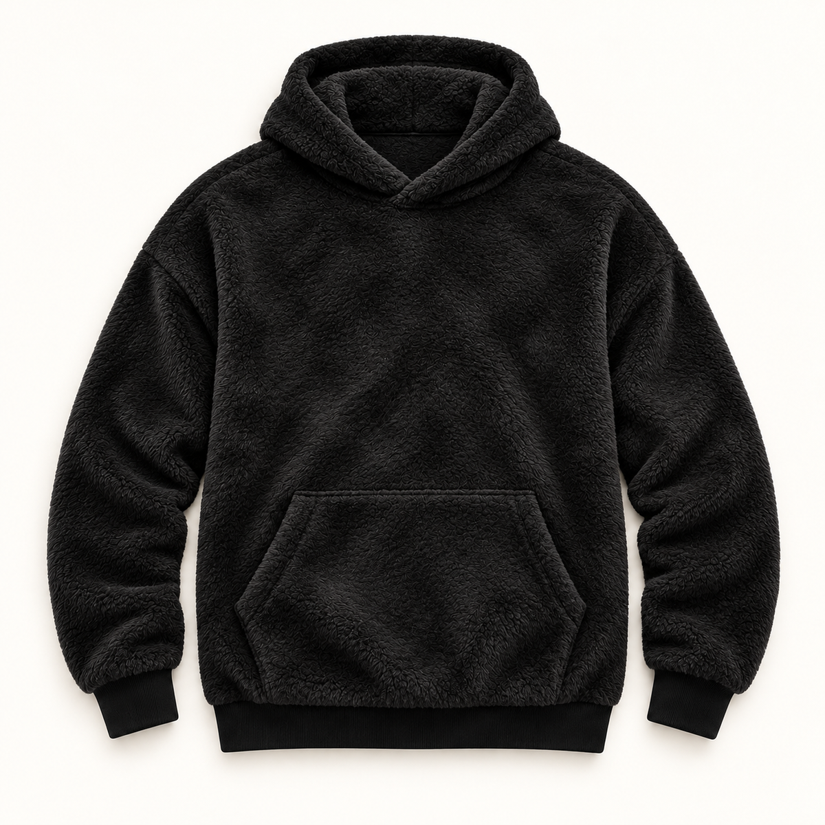 AZUKI black textured fleece pullover hoodie, front flat lay; AI-edited color visualization with fine directional pile based on supplier garment and texture photos.