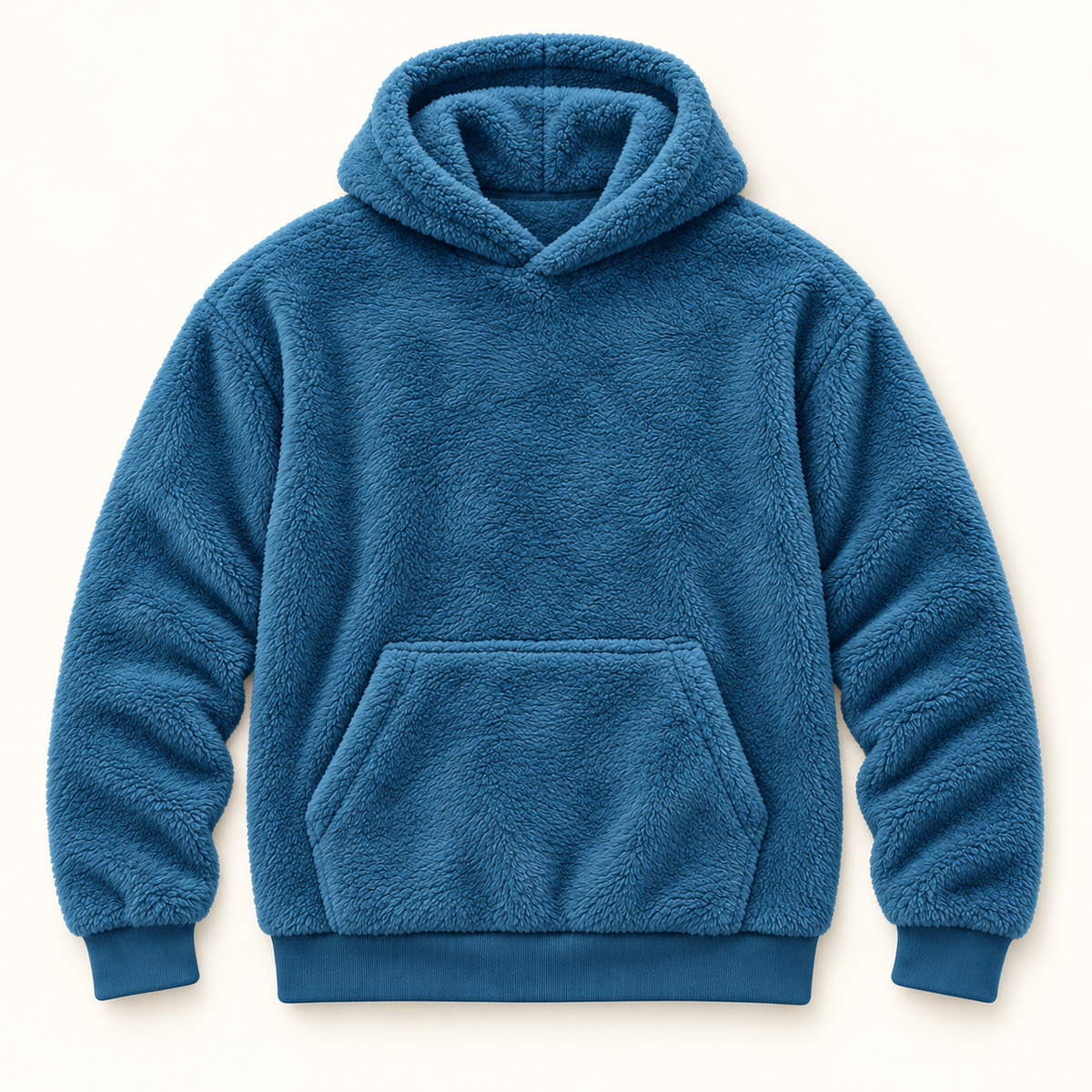 AZUKI blue textured fleece pullover hoodie, front flat lay; AI-edited color visualization with fine directional pile based on supplier garment and texture photos.