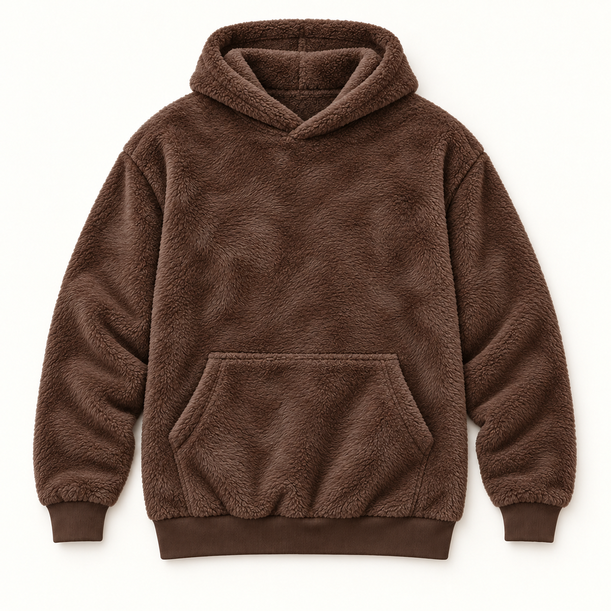 AZUKI dark brown textured fleece pullover hoodie, front flat lay; AI-edited color visualization with fine directional pile based on supplier garment and texture photos.