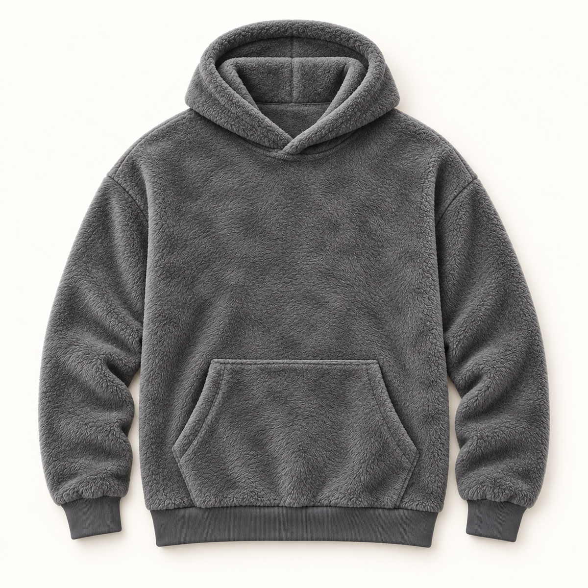 AZUKI gray textured fleece pullover hoodie, front flat lay; AI-edited color visualization with fine directional pile based on supplier garment and texture photos.