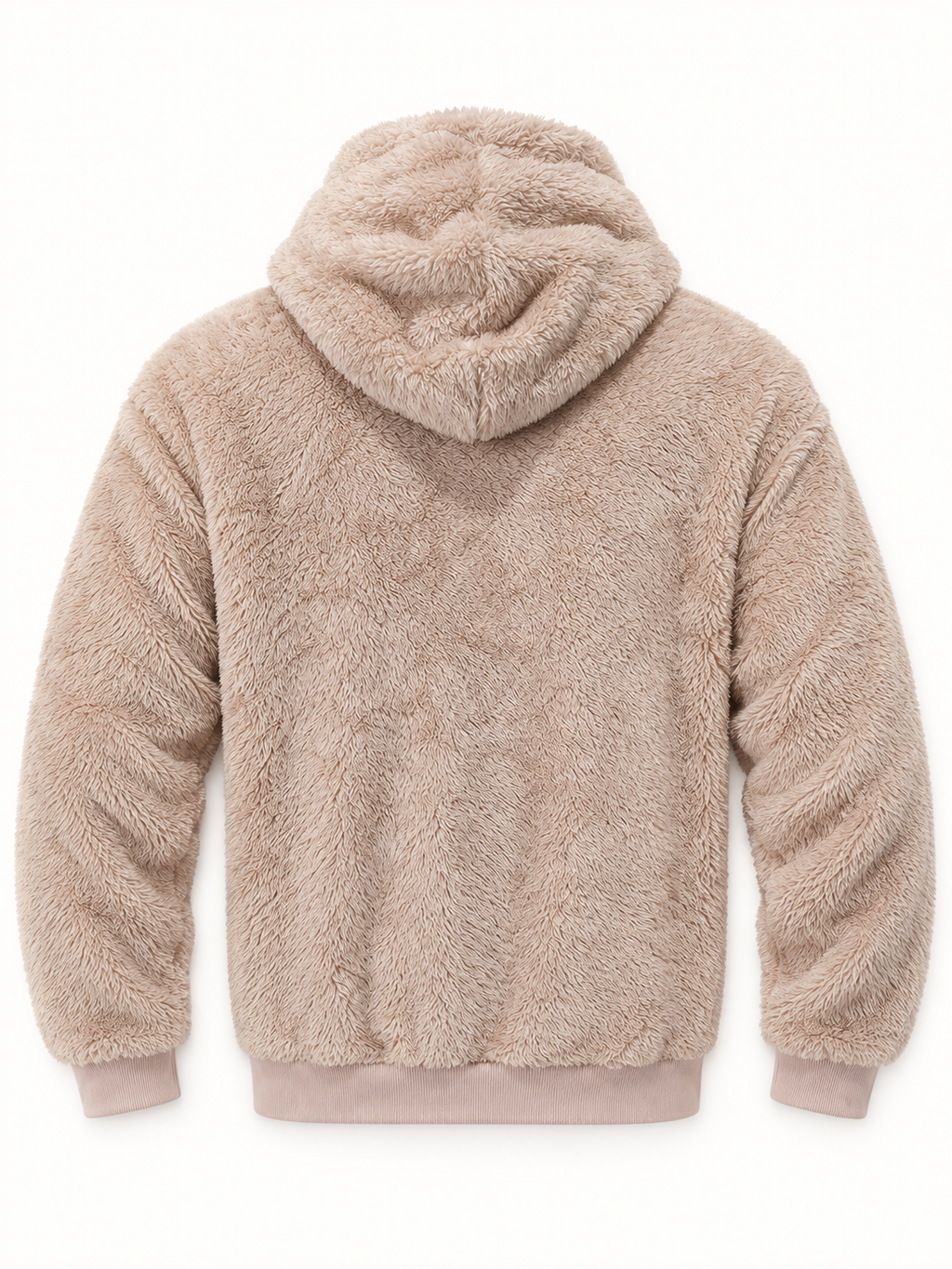 Khaki textured fleece hoodie back, AI-edited product-only view
