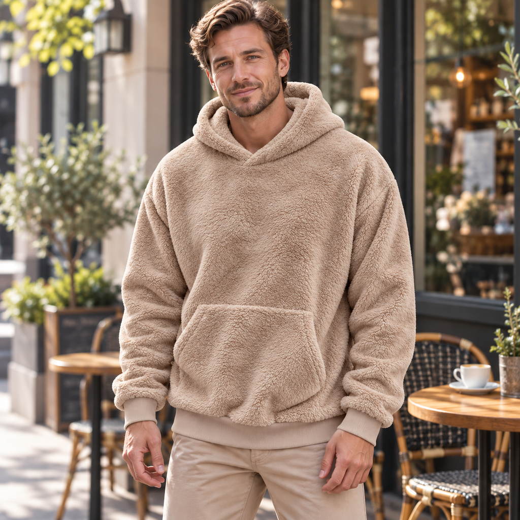 AZUKI khaki textured fleece pullover hoodie on an adult model at a cafe; AI-styled visualization corrected against supplier garment and fine-pile detail photos.