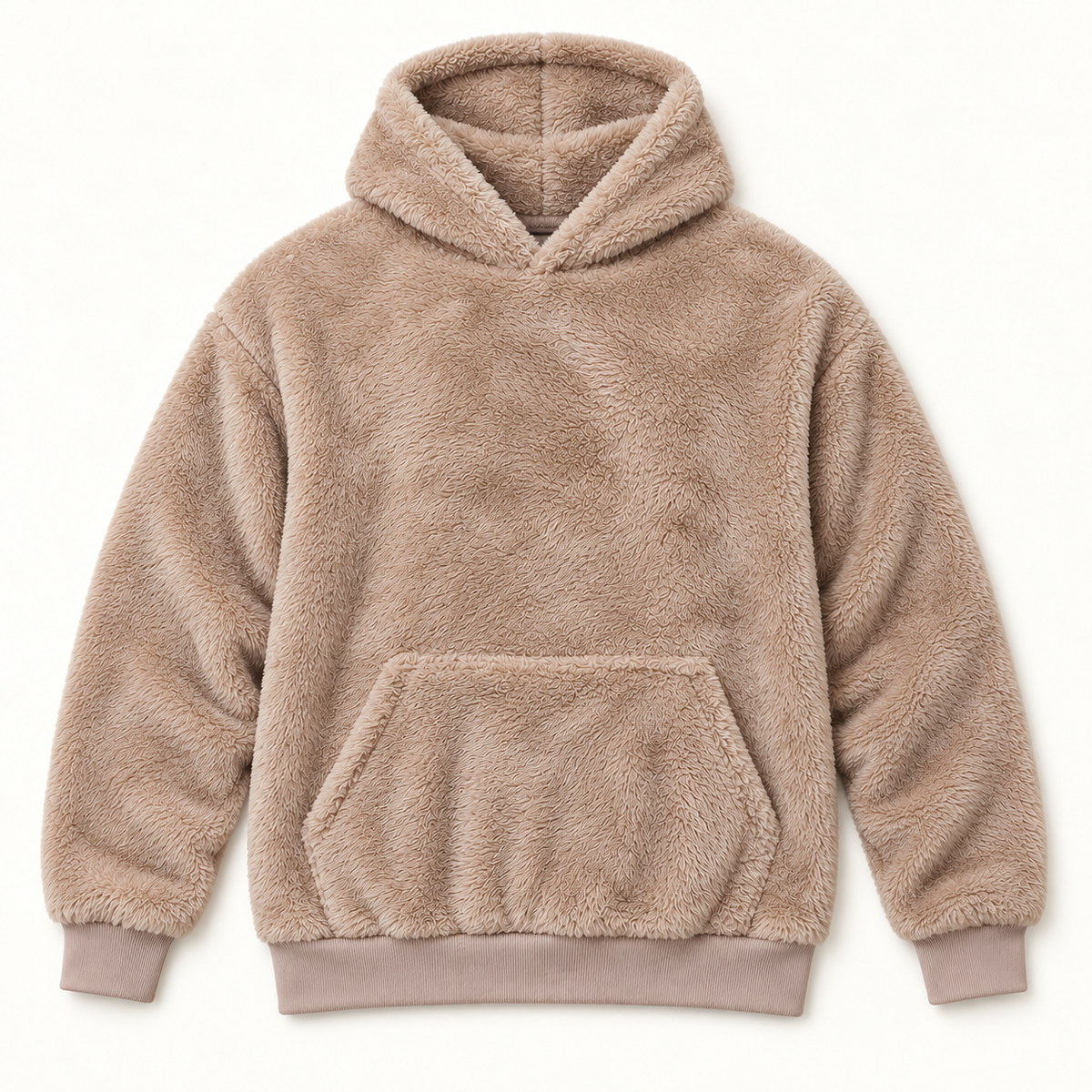AZUKI khaki textured fleece pullover hoodie, front flat lay; AI-edited color visualization with fine directional pile based on supplier garment and texture photos.