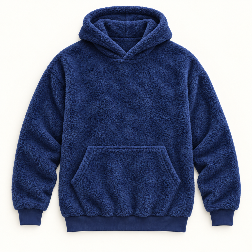 AZUKI navy textured fleece pullover hoodie, front flat lay; AI-edited color visualization with fine directional pile based on supplier garment and texture photos.